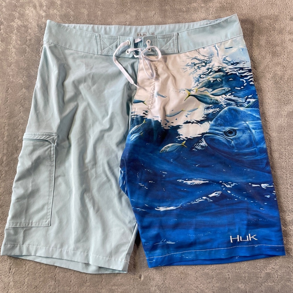 Huk Performance‎ Board Shorts Mens 36 Blue Fish Summer Beach Vacation Resort